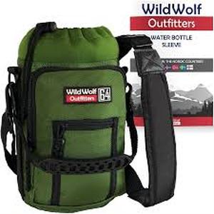 lot 18137 image: Wild Wolf Outfitters Water Bottle Holder for 64oz Bottles Green - Carry, Protect and Insulate Your Best Flask with This Military Grade Carrier w 2 Pockets and an Adjustable Padded Shoulder Strap