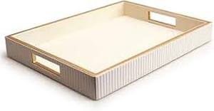 lot 18142 image: White Wooden Serving Tray with Natural Wood Trim 15inx11in