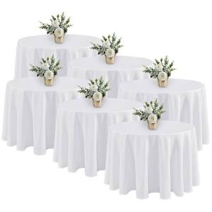 lot 1592 image: Fitable 6 Pack White Round Table Clothes - 90 Inches in Diameter - Stain Resistant and Washable Tablecloths, Polyester Fabric Table Covers for Wedding, Party, Banquet, Gathering