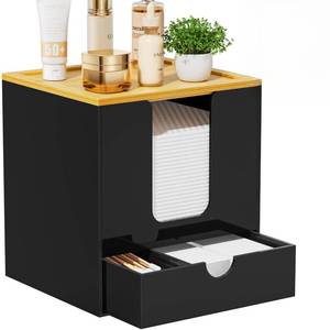 lot 1597 image: VITVITI Disposable Face Towel Holder for Clean Skin Club, Acrylic Bamboo Facial Towel Holder Box with Drawer, XL Face Towels Container for Bathroom Vanity Makeup, Black