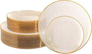 lot 1606 image: Lullaby 100PCS Clear Plastic Plates with Gold Rim, Includes 50pcs Dinner Plate 10 and 50pcs Dessert Plate 7, Disposable Heavyduty Plates for Birthdays, Parties and Wedding