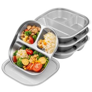 lot 1611 image: Hyperzacc Stainless Steel Kids Plates,Set of 4 Toddler Plates with Lids - 3 Compartments Stainless Steel Snack Containers for Kids Non Toxic & 100% BPA Free