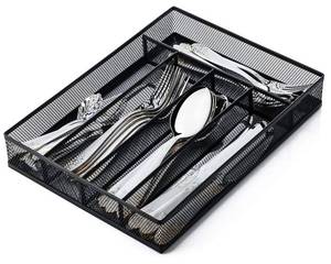 lot 1622 image: JANE EYRE Utensil Drawer Organizer, Cutlery Tray Silverware Flatware Storage Divider for Kitchen, Mesh Wire with Non-slip Foam Feet, 5 Component, Black