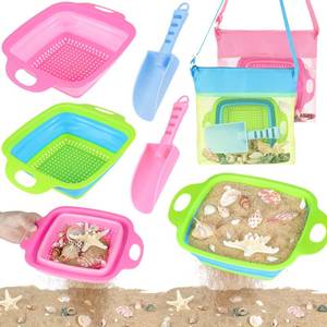 lot 1626 image: EULRGAUS Beach Toys, 6 PCS Sand Sifter for The Beach, Sand Toys with 2 Collapsible Sand Sifters Sieve, 2 Beach Shovels, 2 Mesh Beach Bags, Shark Tooth Sifter & Shell Collecting for kids Boys and Girls