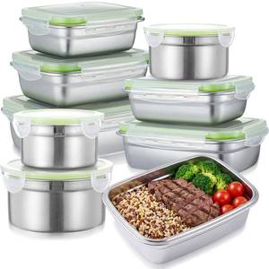 lot 1646 image: Teecyhooo 8 Pcs 304 Stainless Steel Food Storage Containers with Lids Leakproof, Reusable Airtight Meal Preparation Container Round and Square Stackable Food Container for Kitchen Picnic(Green Lids)