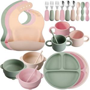 lot 1657 image: Yinder 24 Pack Silicone Baby Feeding Set Baby LED Weaning Supplies Includes Suction Divided Plates Soft Bowl Spoons Forks Adjustable Bib Snack Cup and Straws(Dark Green, Beige, Light Pink)