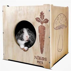lot 1660 image: NIKOS PETS - Wooden Rabbit Hideout, Rabbit Bed, Indoor Hutch, Bunny House Pet for Bunnies, Guinea Pigs, Outdoor Shelter Hut, Small Animal Hideaway, Bunny Playground (12.5 x 12.5 in)