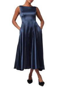lot 2035 image: Lulus Blanche Heavy Satin Midi Dress with Darted Hips, Cocktail Dress, Wedding Guest Dress for Women Navy XS