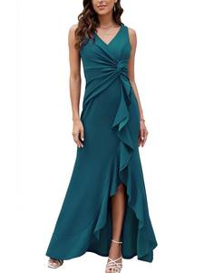 lot 2037 image: FQA Long Wedding Guest Dresses for Women Formal Gowns and Evening Dresses Peacock Blue V Neck Sleeveless Split Wrap Elegant Dresse for Women Evening Party M