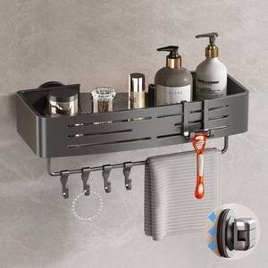 lot 2063 image: Voldra Shower Caddy Suction Cup, 1 Pack Shower Shelves for Inside Shower No Drilling, Aluminum Suction Showers Organizer with Towel Bar & Hooks Removable Bathroom Shelf Storage Rack(Gray)