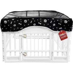 lot 2071 image: PJYuCien Dog Playpen Mesh Top Cover, Fits 36 Inch 4 Panels Regular Square Plastic Exercise Pet Pen, Adhesive Tape Connections, Black paw (Note Cover Only, Fence Not Included)