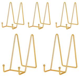 lot 2459 image: IBosins 5 Pack 6 Inch Plate Holder Display Stands, Metal Gold Frame Stand for Picture, Book, Photo Easel, Creation, Collectibles