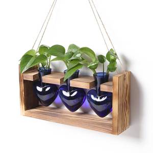 lot 2470 image: Plant Terrarium Propagation Stations Hydroponics Home Garden Decoration Gift for Women with Wooden Stand Heart Shaped Colored Glass Vase