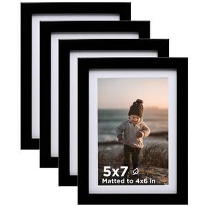 lot 2484 image: KINLINK 5x7 Picture Frame Black Set of 4, Wooden Photo Frames Matted 4x6 with Plexiglass for 4x6 with Mat or 5x7 without Mat for Table and Wall Display