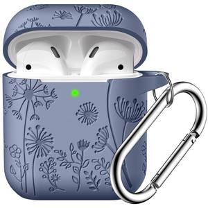 lot 4238 image: Lerobo Flower Engraved Case for AirPods Case Cover, Stylish Soft Silicone Protector with Keychain, Compatible with Apple AirPods 1st2nd Generation Charging Case, Front LED Visible, Blue Gray