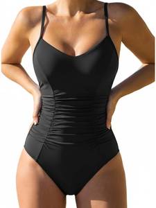 lot 4242 image: CUPSHE Womens One Piece Swimsuit V Neck Ruched Bathing Suit Crisscross Back Self Tie Spaghetti Adjustable Straps, S Black