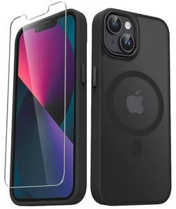 lot 4243 image: YENAPOON for iPhone 14 Case, iPhone 13 Case, with 1 Screen Protector, Matte Magnetic Slim Phone Cover, Support for Magsafe, Shockproof Protection Translucent Frosted Back,Black