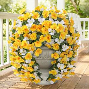 lot 4246 image: Fake Hibiscus Artificial Hanging Flowers Plants for Outdoors Decoration, 2pcs Silk Hibiscus Vines Realistic UV Resistant Yellow White Faux Flowers for Outside Planter Porch Patio Yard Home Party