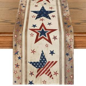 lot 4264 image: Artoid Mode Wood Stars Strip-Shaped Patriotic 4th of July Table Runner, Seasonal Kitchen Dining Table Decoration for Home Party Decor 13x60 Inch