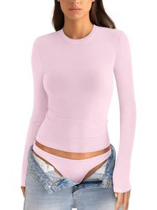 lot 4294 image: EasyGala Cotton Long Sleeve Shirts Women Crew Neck Slim Fit Basic Going Out Crop Y2k Outfits for Spring Fall Crewneck Tight Tops Fashion Trendy Undershirt Stretchy 2025 Light Pink Medium
