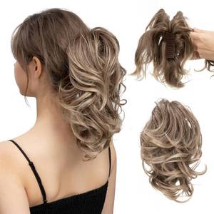 lot 6338 image: CJL HAIR Claw Clip Short Ponytail Hair Extensions DIY Bendable Metals Messy Bun Hair Piece for Wonen Wavy Curly Synthetic Fake Hairpieces Brown to Ash Blonde