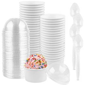 lot 6344 image: Ocmoiy 50 Sets Ice Cream Paper Cups 4 oz Disposable White Paper Dessert Cups with Lids and Spoons for Puddings Cupcake Jello Snack Dessert Bowl Supplies
