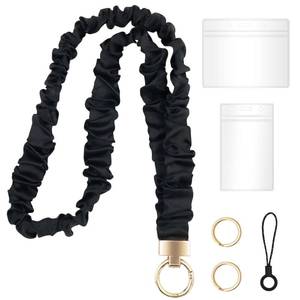 lot 6368 image: Stretchy Scrunchie Lanyard with 2 ID Holder for ID Badges and Keys, Cute Stretchy Teacher Lanyard, Black Retractable Scrunchie Neck Strap Keychain for Teacher, Nurse, Cruise Ship