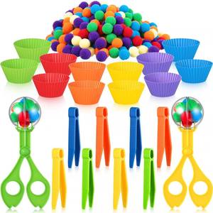lot 6385 image: 142 Pieces Fine Motor Skills Handy Scooper Set Sensory Bin Filler Includes 12 Sorting Bowls, 8 Tweezers, 2 Scissors Clips, 120 Plush Balls for Early Education and Sorting Counting Training Development