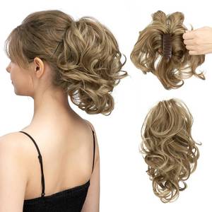 lot 6396 image: CJL HAIR Claw Clip Short Ponytail Hair Extensions DIY Bendable Metals Messy Bun Hair Piece for Wonen Wavy Curly Synthetic Fake Hairpieces BrunetteAsh Blonde