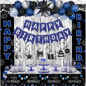 lot 6414 image: Blue and Black Birthday Decorations for Men Women Boys, Happy Birthday Decorations Banner Balloons Tablecover Fringe Curtain Door Banner Blue Silver, Mens Boy Bday Party Decoration Supplies Decor