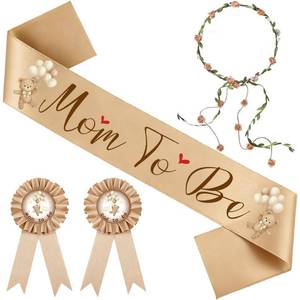 lot 6415 image: Bear Theme Baby Shower & Gender Reveal Decorations Set - We Can Bearly Wait Smooth Fabric Mom to Be Sash, Dad to Be Pin & Flower Crown Headband, Pregnancy Props Keepsake Gifts for Boys & Girls (Brown)