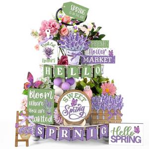 lot 6419 image: Mifoci 20 Pcs Hello Spring Tiered Tray Decor Butterfly Lavender Flower Floral Wood Signs Dwarf Fence Wooden Ladder Table Centerpiece Rustic Farmhouse Springtime Block for Home Kitchen Shelf Holiday