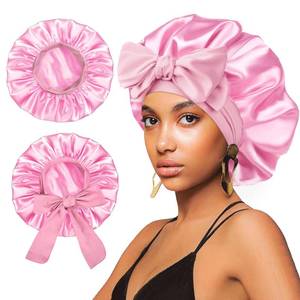 lot 6425 image: 2Pcs Satin Silk Hair Bonnet for Sleeping Women,Large Bonnets with Elastic Wide Tie Band Silk Sleep Cap,Hair Wrap Night Cap with Adjustable Straps for Black Women Curly Hairs Jumbo Bonnet Braid - Pink