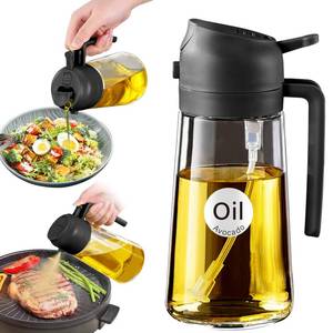 lot 6434 image: YARRAMATE 16oz470ml Glass Olive Oil Sprayer for Cooking with Stickers, 2 in 1 Oil Dispenser for Kitchen Gadgets, Food Grade Premium Spray Bottle with Portion Control for Salad, Frying, BBQ (Black) used has oil residue