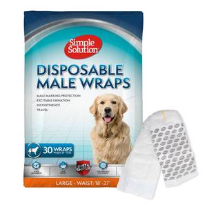 lot 9975 image: Simple Solution Disposable Male Wraps, Absorbent Leak Proof Belly Bands for Dogs, Incontinence Aid, Puppy Training, Marking Control, and Travel Protection, Toy Dogs, 9��14 Inch Waist, 30 Count