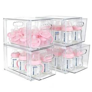 lot 11016 image: Train2decor Bottle Storage Organizer Baby 4 Pack Clear Bottle Organizer Baby Acrylic Storage Containers with Handle Stackable Acrylic Drawers for Countertop, Cabinet, Vanity, Pantry