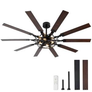 lot 11018 image: 65 Inch Ceiling Fans with Lights, Farmhouse Ceiling Fan with Remote Rustic Caged Industrial Design, Dual Finish 10 Blades Black Ceiling Fans with Quiet Reversible Motor for Living Room Bedroom Patio