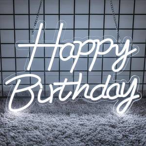 lot 11031 image: Happy Birthday Neon Sign for Backdrop, LED Happy Birthday Light Up Sign, USB Powered Dimmable Neon Light for Birthday Party Decorations, Wall Decor, White, 16.5 x 12 inch