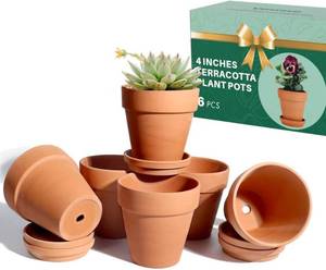 lot 11039 image: vensovo 4 Inch Terracotta Plant Pots with Saucer - 6 Pack Clay Flower Pots with Drainage, Great for Plants, Crafts, Wedding Favor (No Plates)
