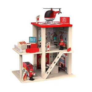 lot 11053 image: BBtinker Wooden Fire Station Playset, Multicolor 3-Level Pretend Play Dollhouse with Figures, Truck, Helicopter and Accessories, Preschool Learning Educational Toys for Toddlers Kids Age 3 and up