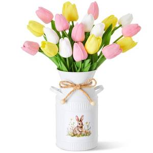 lot 11059 image: Ferrochef 21 Pcs Artificial Tulip Centerpiece Decor with Vase Artificial Flower Bouquet Vintage Bunny Metal Flower Bucket Spring Tulip Floral for Party Spring Home Decor(Multicolor,Funny)