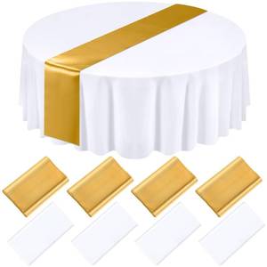 lot 11060 image: Tudomro 8 Pcs White and Gold Round Plastic Tablecloth and Satin Table Runner Set 84 Inch Round Covers 12 x 108 Inch Table Runners for Wedding Birthday Party Baby Shower Anniversary