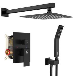 lot 11061 image: SR SUN RISE Black Square Rainfall Shower Head and Handle Set, Wall Mounted Shower Fixtures, Metal Shower Faucet Trim Repair Kits (With Shower Valve) (Used)