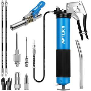 lot 11088 image: KRETLAW Grease Gun, 7000 PSI Heavy Duty Professional Pistol Grip Grease Gun Kit 14 OZ with Coupler, Double Grease Injector Needles, 18 & 2pc 12 Flex Hoses and Reinforced Glove
