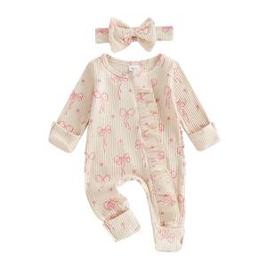 lot 12061 image: Socutebabe Newborn Baby Girl Coming Home Outfit Ruffle Romper Onesie Cute Ribbed Knit Jumpsuit Winter Clothes and Headband (Sweet Bow Cream, Newborn)