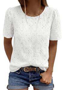lot 12062 image: PRETTYGARDEN Embroidered Eyelet Tops for Women Summer Blouses Dressy Casual 2026 Spring Work Teacher Puff Short Sleeve Shirts (White,Large)
