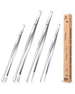 lot 12074 image: 4 Pcs Fine Long Tweezer Tongs Professional Silver, 12 and 10 Stainless Steel for Kitchen, Food, Cooking, Repairing, Sea food and BBQ