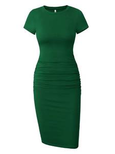 lot 12075 image: Missufe Womens Short Sleeve Ruched Casual Sundress Knee Length Bodycon T Shirt Dress (Dark Green, Large)