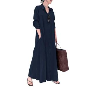 lot 12089 image: chouyatou Womens Basic Loose Fit Long Sleeve Button Up Maxi Shirt Dress with Pockets (Medium, Navy Blue)