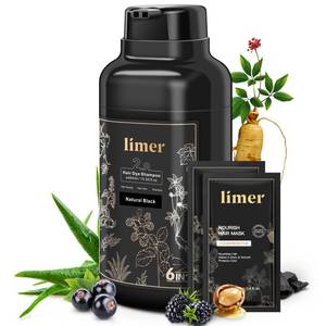 lot 12096 image: Limer Black Hair Dye Shampoo for Gray Hair, 3-in-1 Color Shampoo, 6 Herbal Extracts, 100% Grey Coverage, Non-Staining, 6-8 Weeks Lasting, for Women & Men, Shampoo para Pintar el Cabello, 460ml